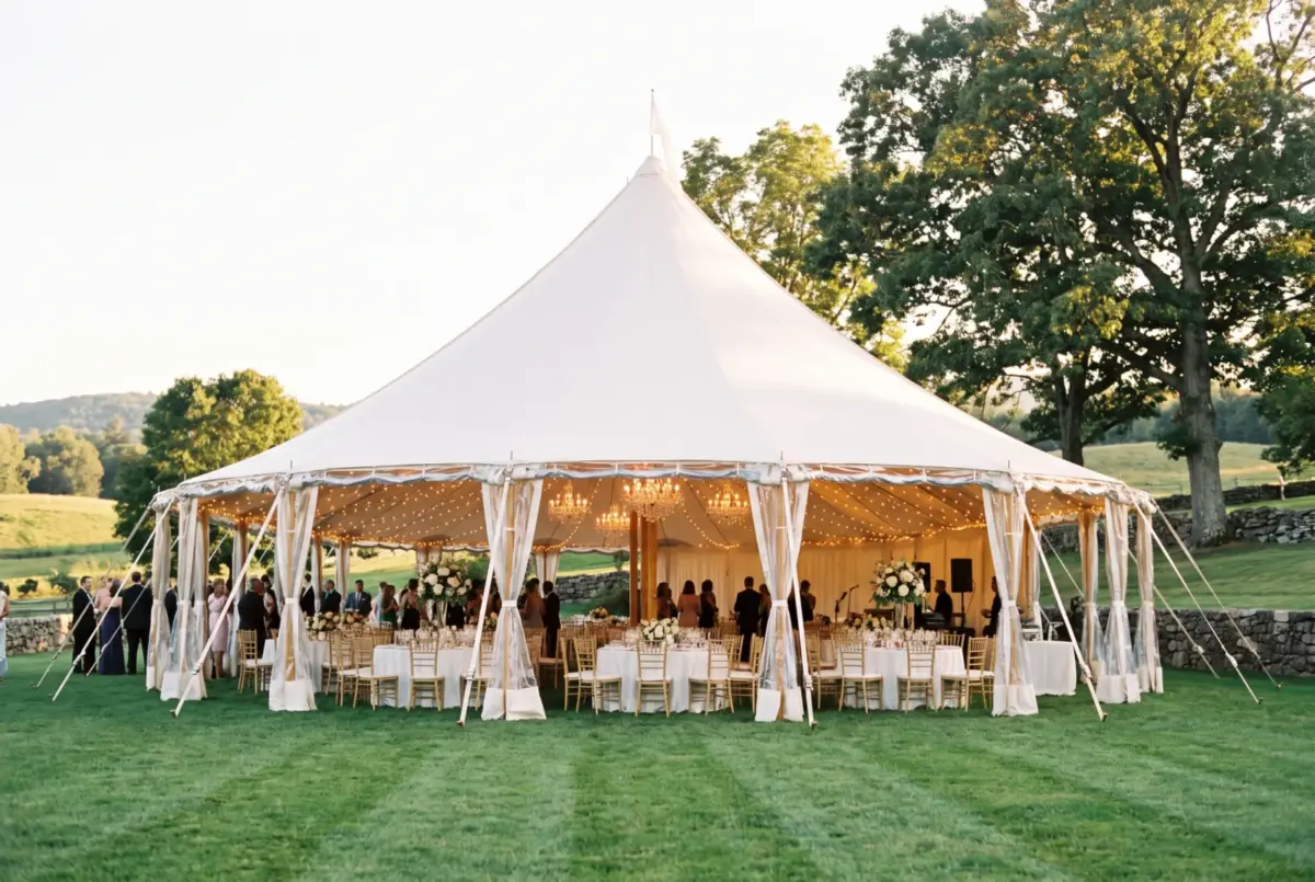 White high peak pole tent on a green lawn set for a wedding reception with chandeliers