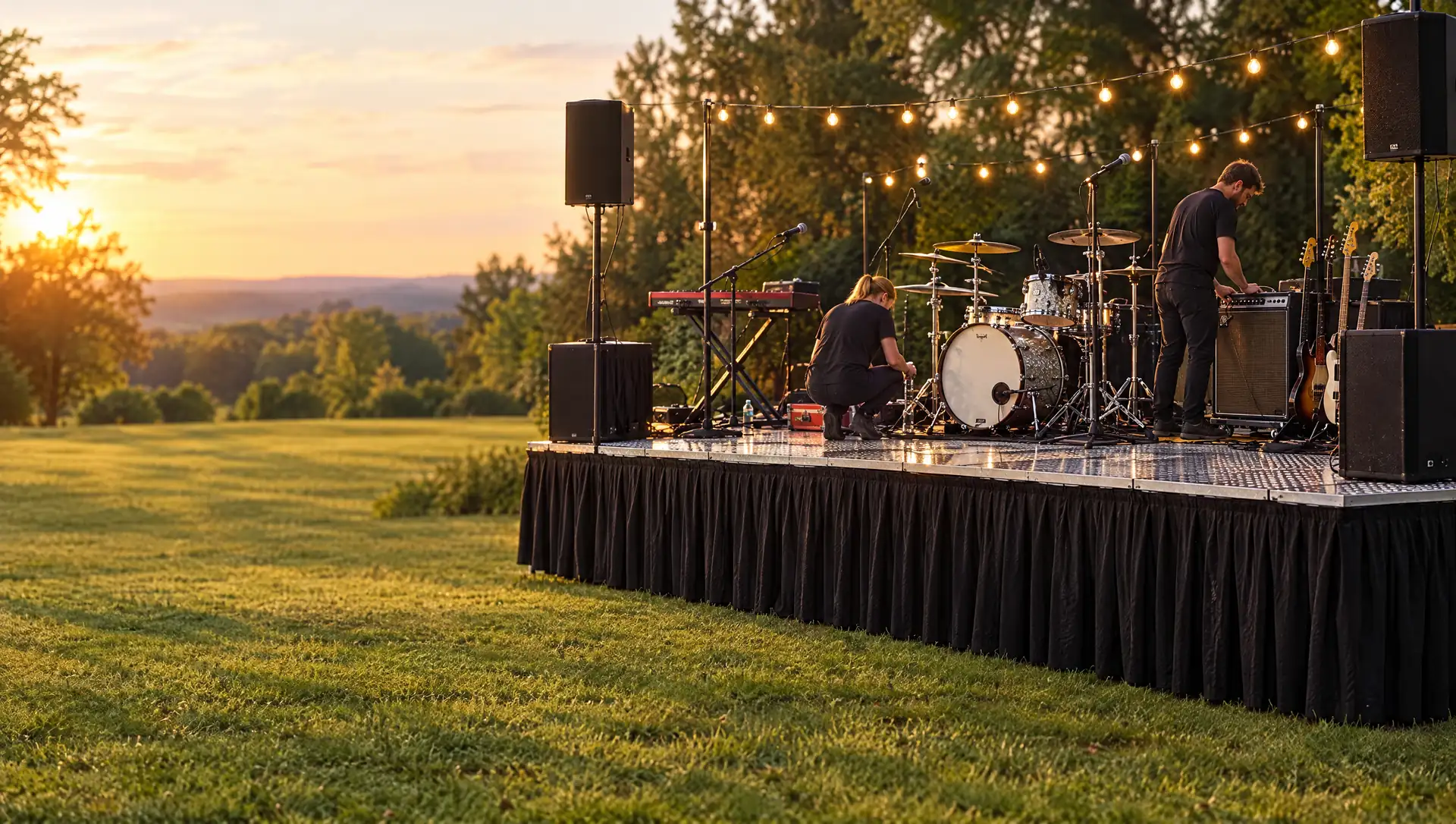 Stage equipment rental: portable aluminum stage with black skirting set up for a live band on a lawn at sunset