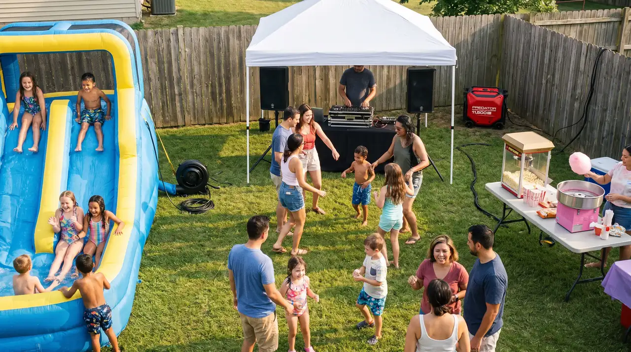 Predator 11,500 generator rental set against the back fence powering a water slide, DJ and concession machines at a backyard party