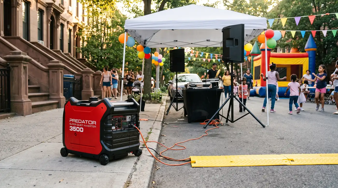 Predator 3500 quiet inverter generator rental powering a DJ table and speakers at a Brooklyn block party