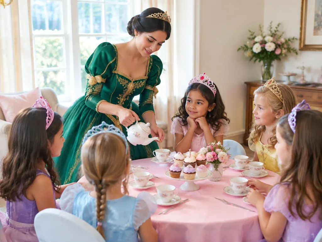 Princess tea party: a party princess pours pretend tea for girls in tiaras at a birthday table