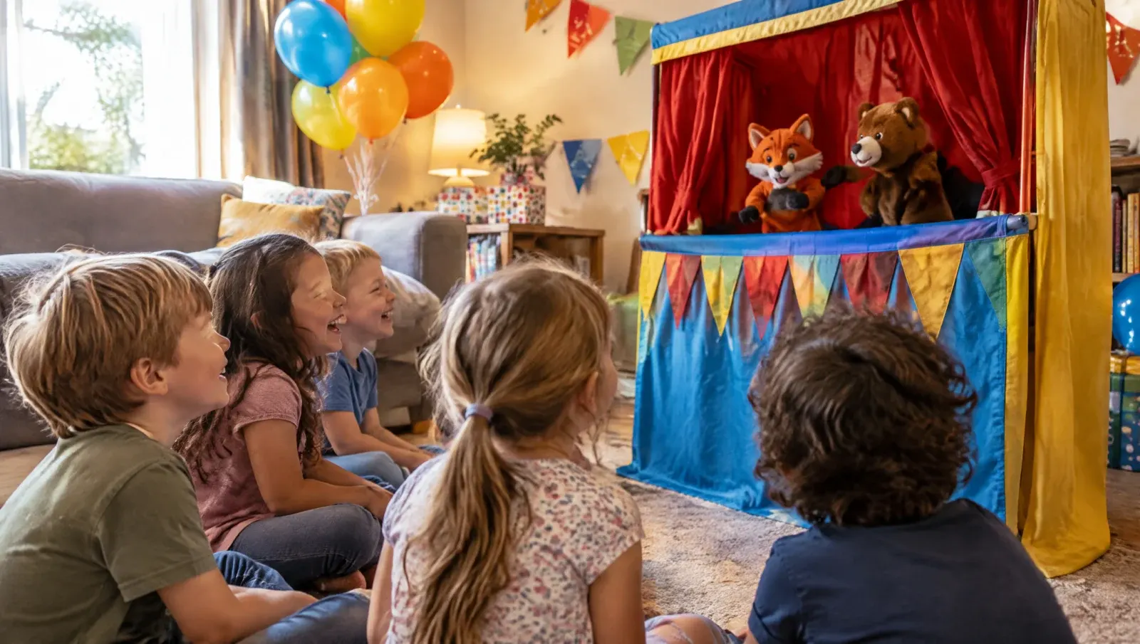 Puppet show with fox and bear hand puppets entertaining kids at a birthday party