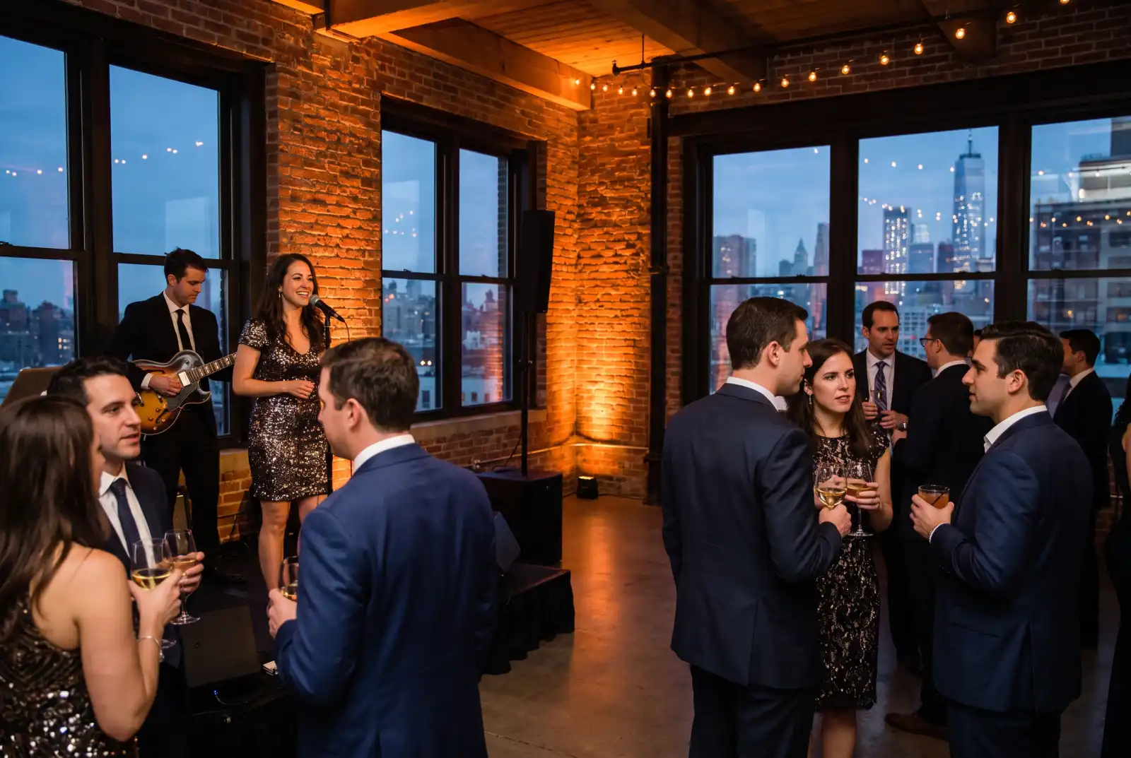 Singer and guitarist performing for guests at a wedding cocktail hour in a New York loft