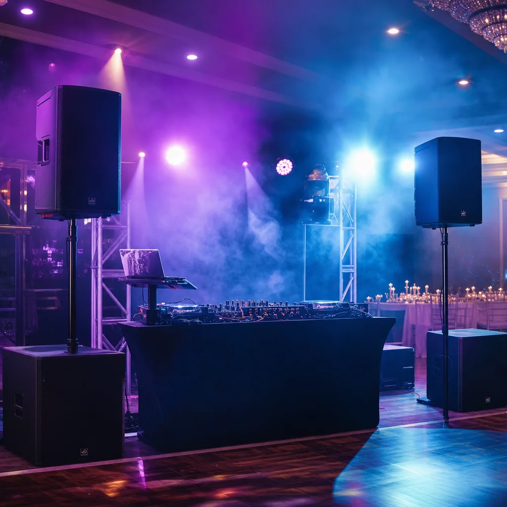 Sound system rental NYC: DJ booth and speakers on stands with purple and blue lights at a banquet hall party