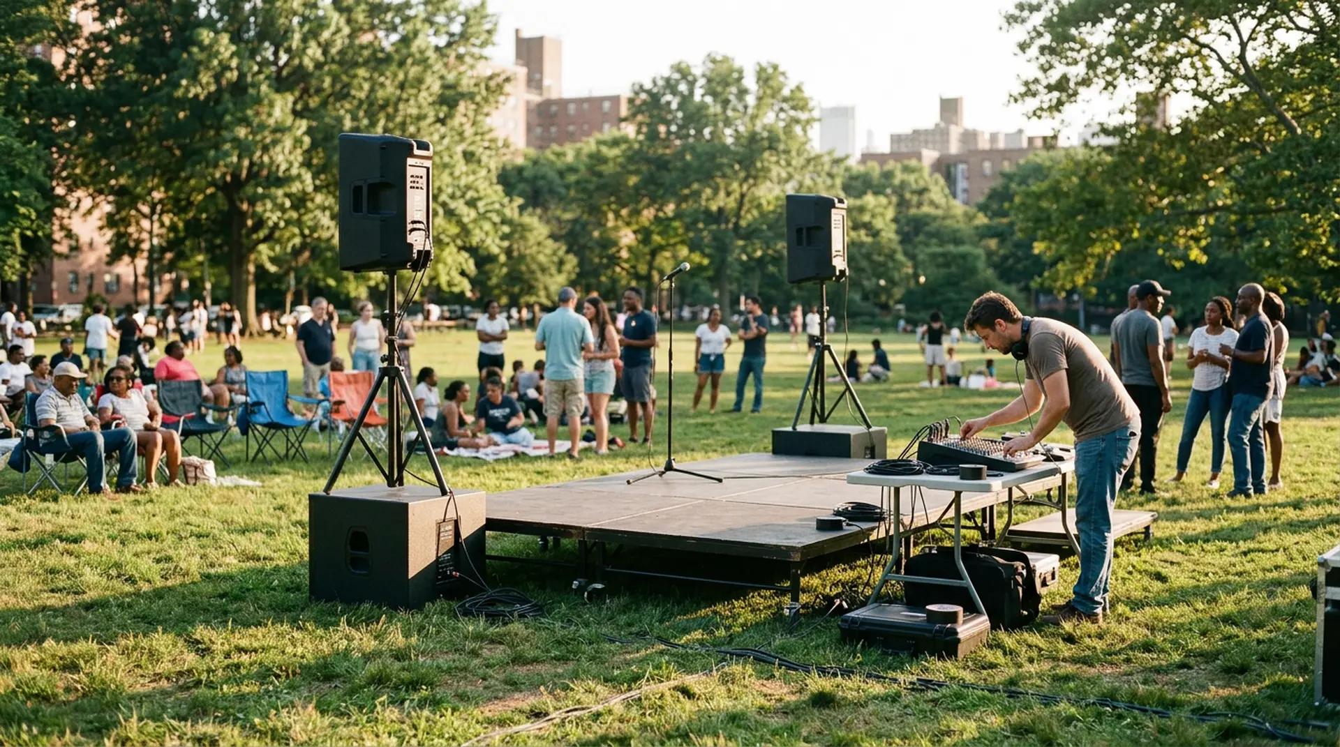 Speaker rental with speakers on stands and a subwoofer at an outdoor park event