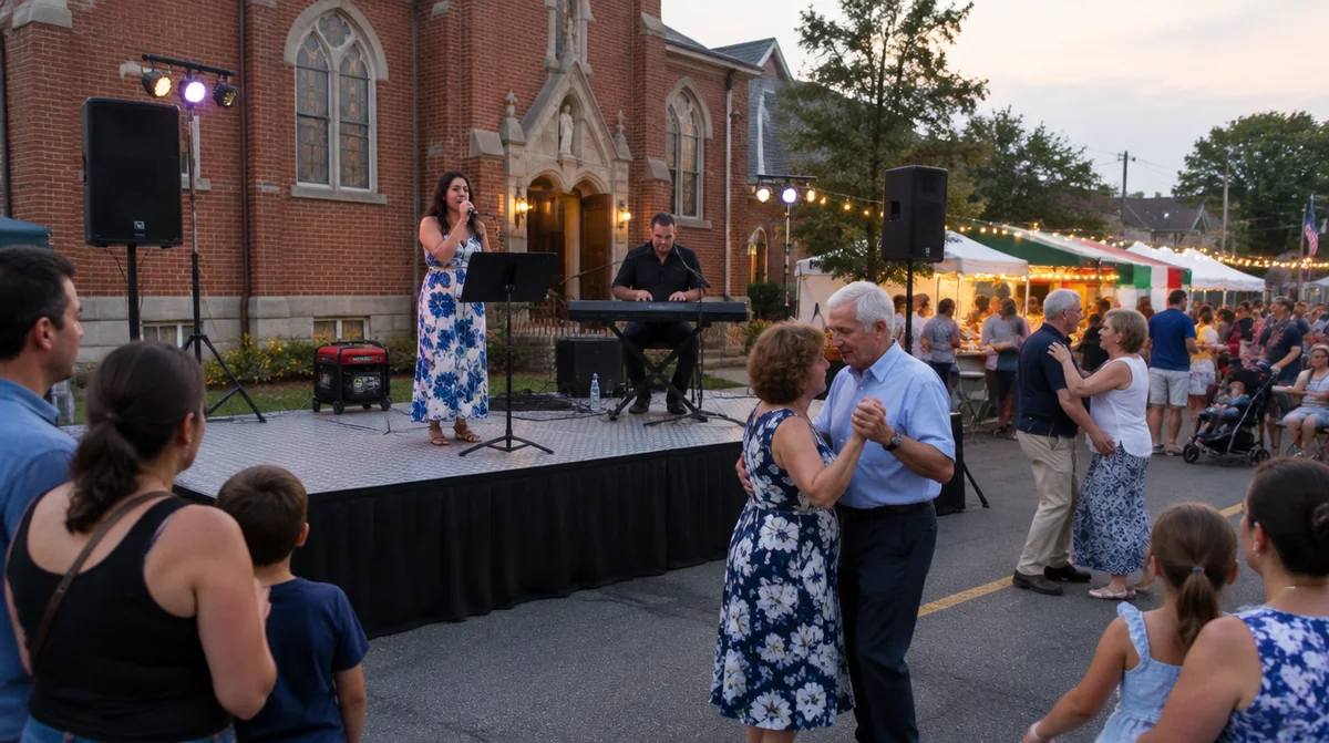 Stage rental Bayonne: a singer and keyboard player on our portable stage with a black skirt at a church feast, couples dancing in front