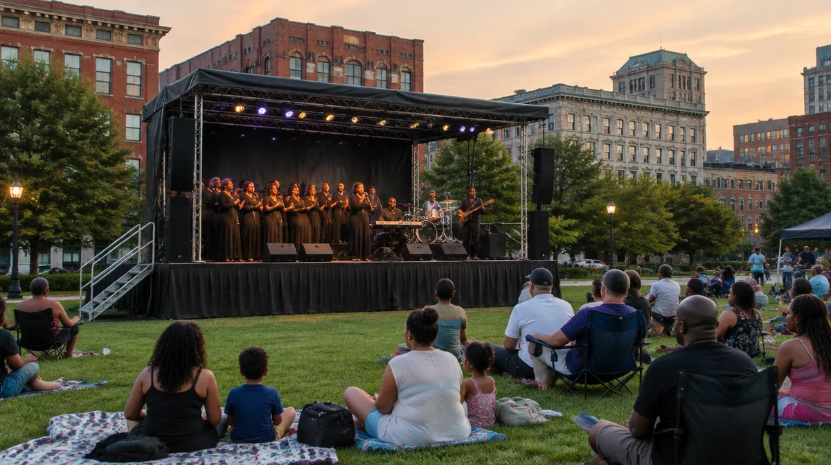 Stage rental Bridgeport CT: a gospel choir and band on a rental stage with truss lighting at an evening concert on a downtown green