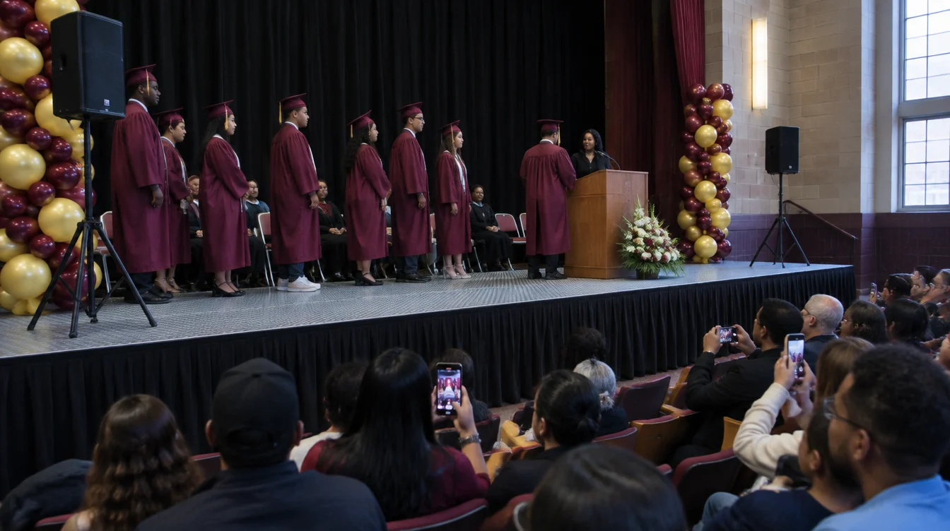Stage rental Bronx: graduates on an aluminum portable stage with a black skirt at a high school auditorium graduation