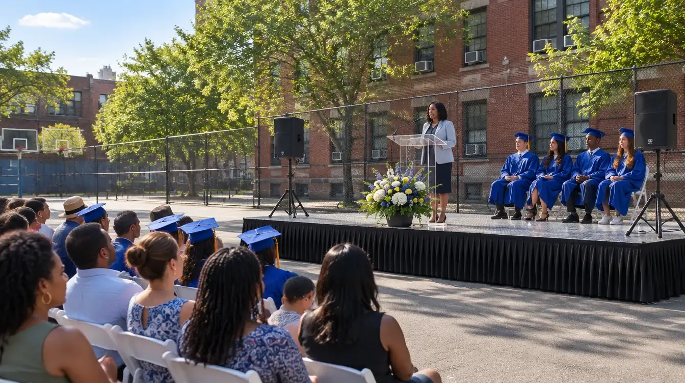 Stage rental Brooklyn: a 16 x 20 ft aluminum portable stage with a black skirt at a school yard graduation
