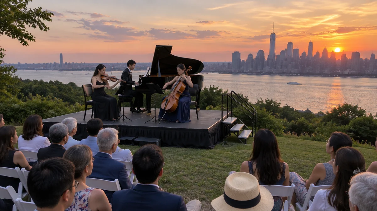 Stage rental Englewood Cliffs NJ: a piano trio playing on a rental stage on a lawn above the Hudson River at sunset