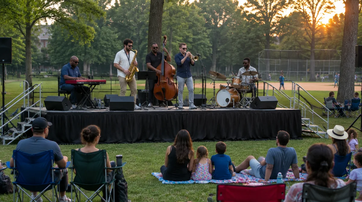 Stage rental Englewood NJ: a jazz quintet playing on a rental stage in a town park with families on lawn chairs and blankets