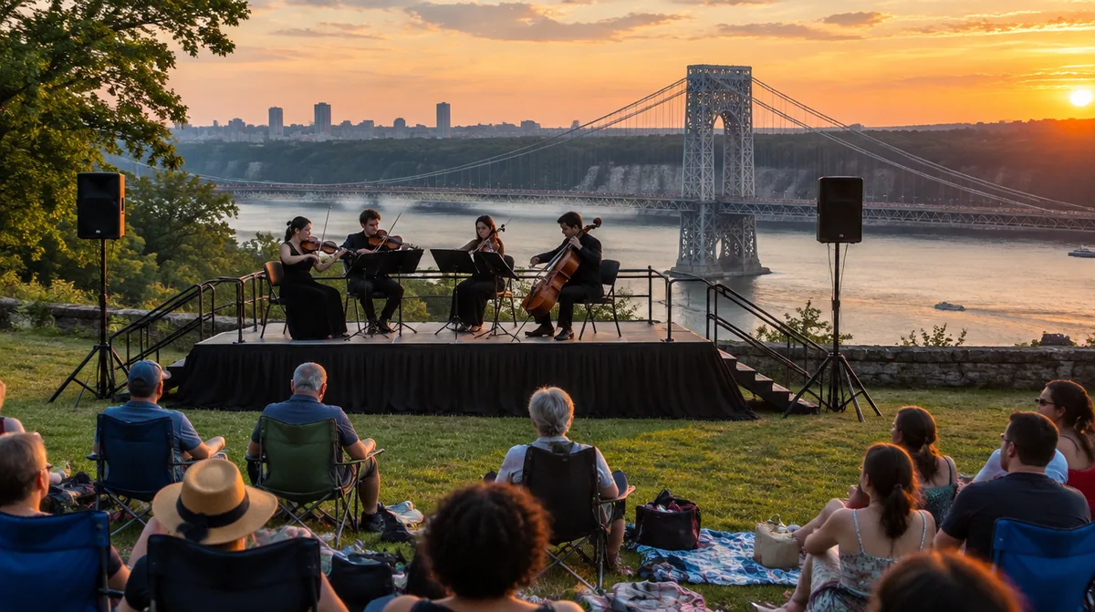 Stage rental Fort Lee NJ: a string quartet playing on a rental stage on the Palisades at sunset with the George Washington Bridge behind