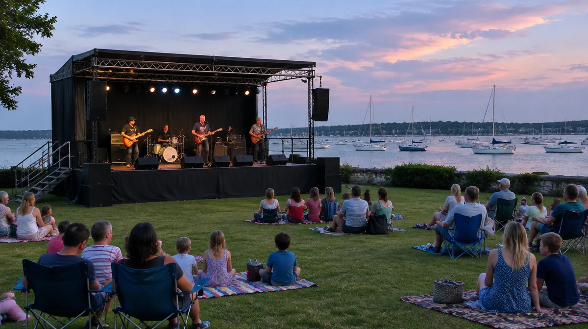Stage rental Greenwich CT: a rock band on a rental stage with truss lighting at an evening concert in a park by the harbor