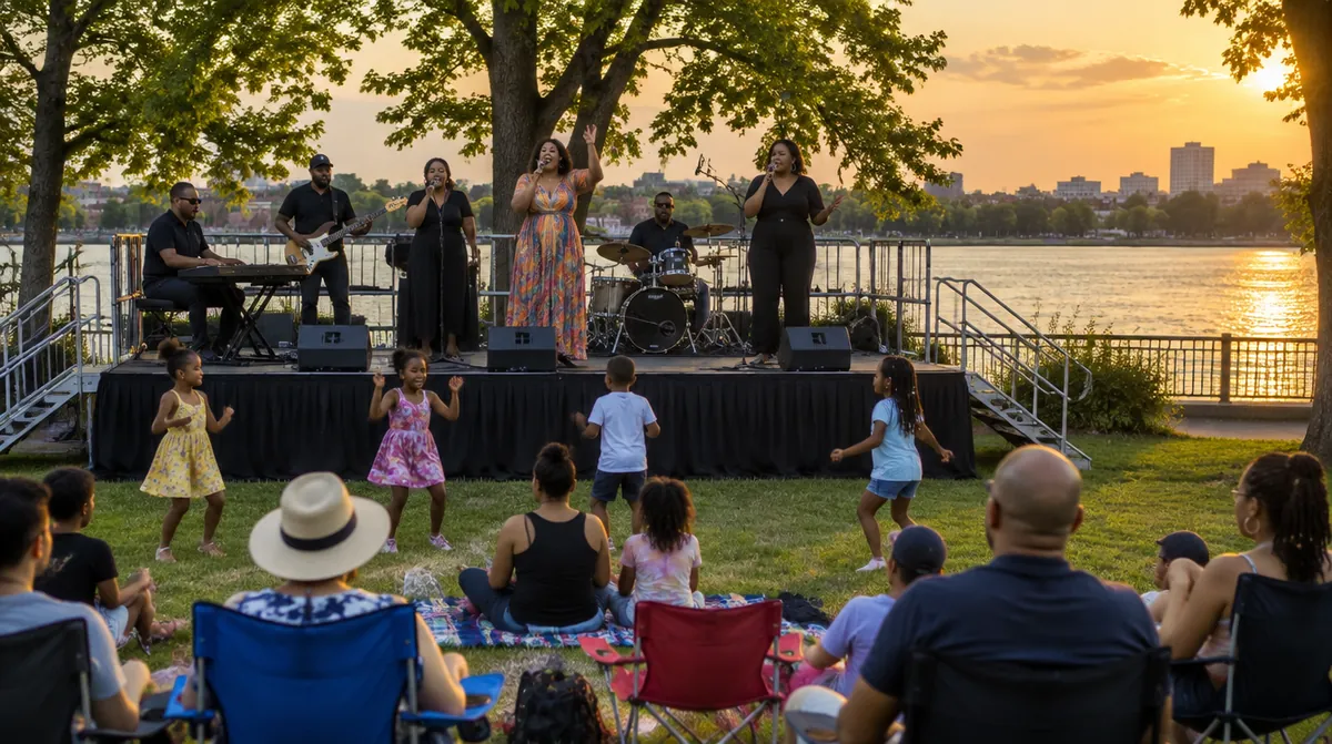 Stage rental Hackensack NJ: a gospel and R&B band on a rental stage at a riverside park concert with kids dancing in front