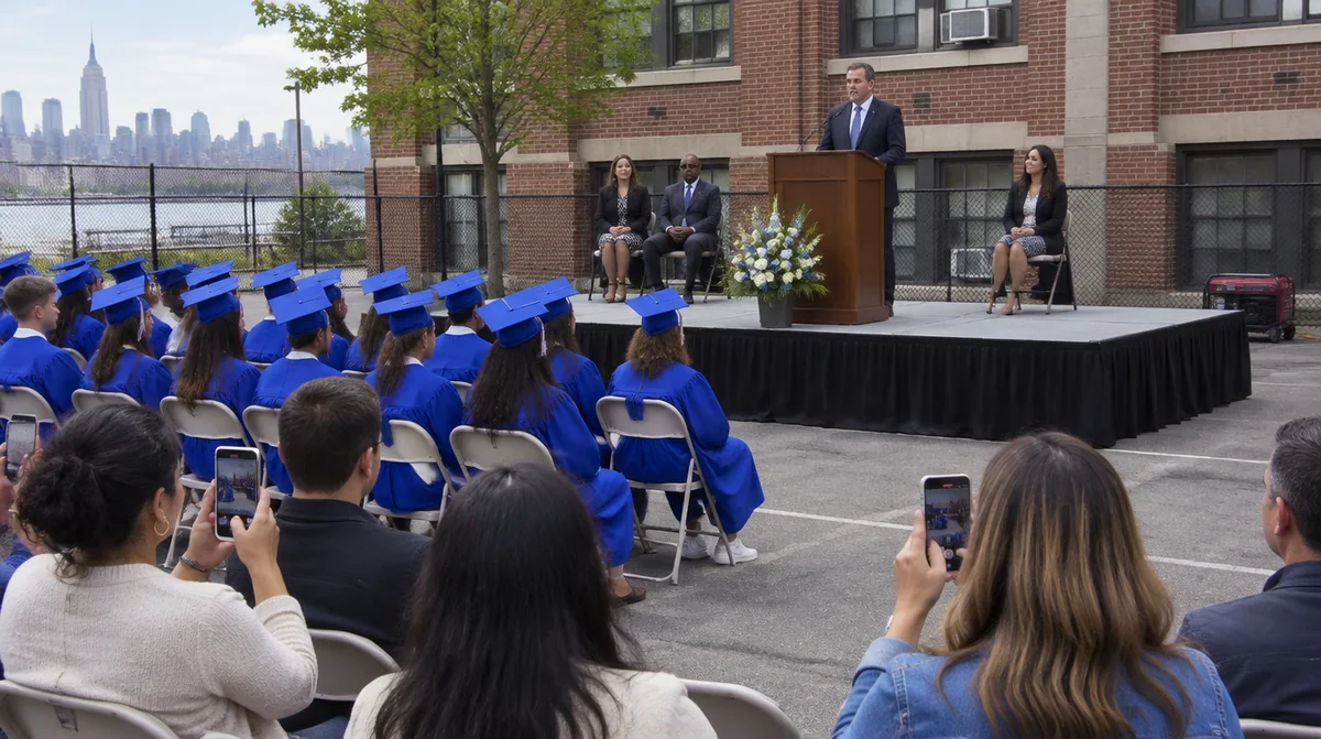 Stage rental Hoboken: a portable stage with an aluminum deck and black skirt at an eighth-grade graduation in a school yard