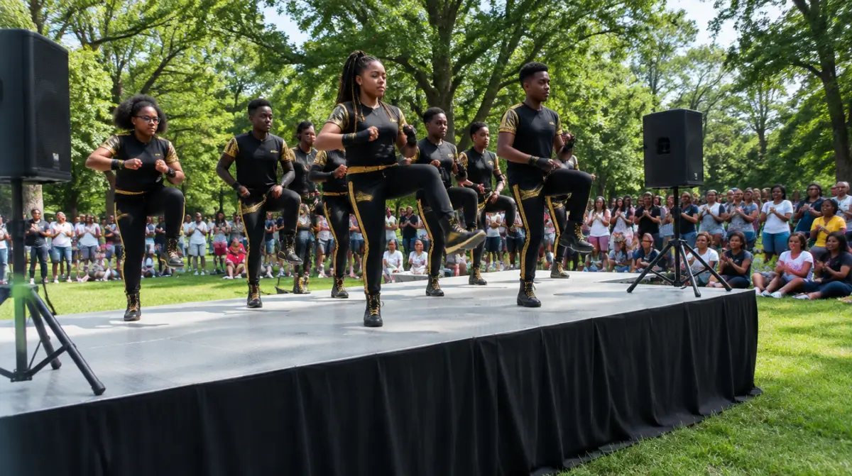 Stage rental Mount Vernon: a step team performing on an aluminum portable stage with a black skirt at a community day in the park