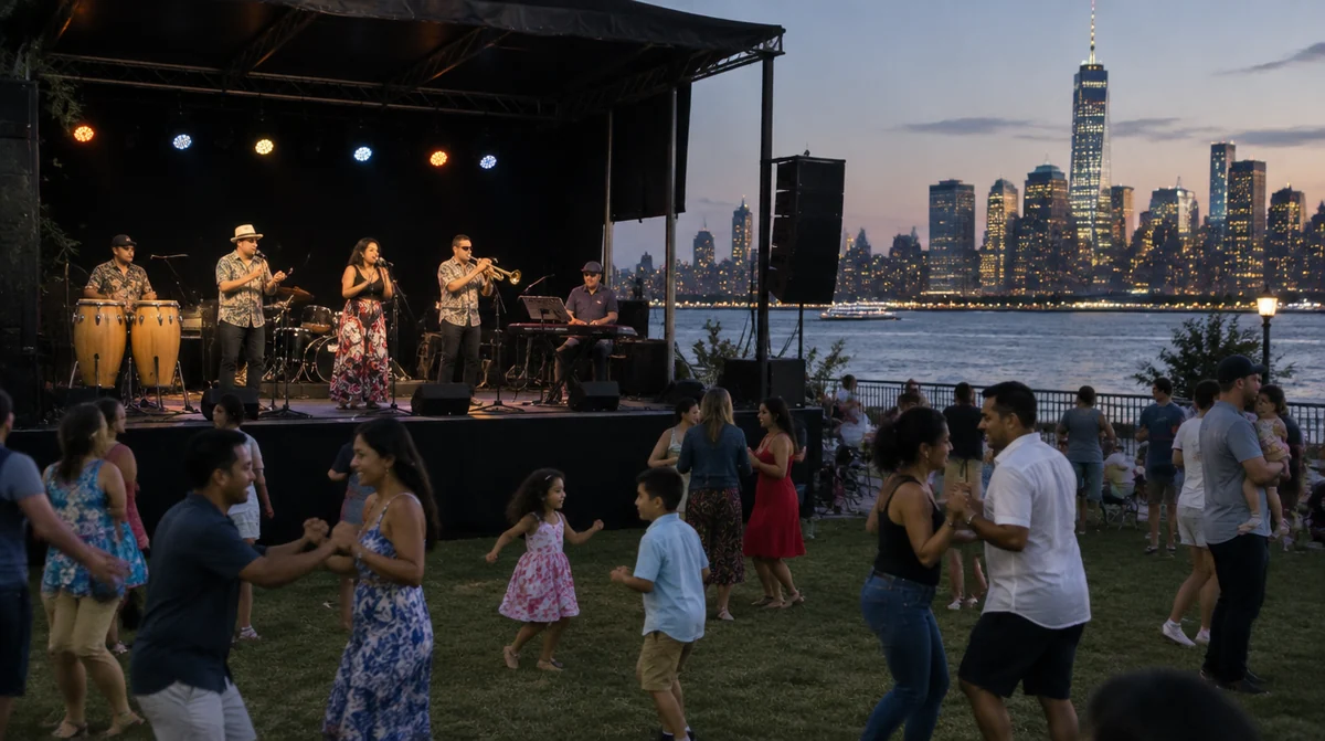 Stage rental New Jersey: a Latin band on a covered stage at a Hoboken waterfront concert at dusk with the Manhattan skyline across the Hudson