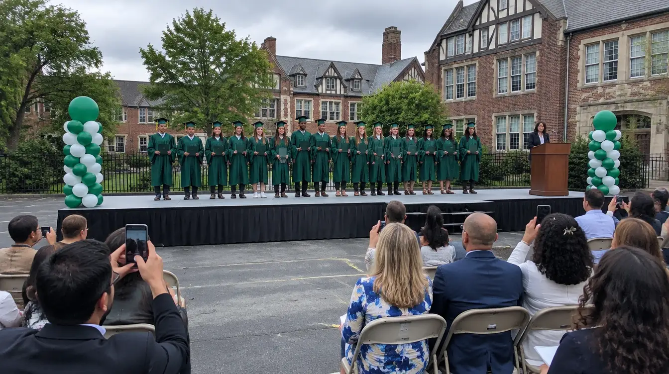 Stage rental Queens: graduates on an aluminum portable stage with a black skirt at a Forest Hills school yard graduation