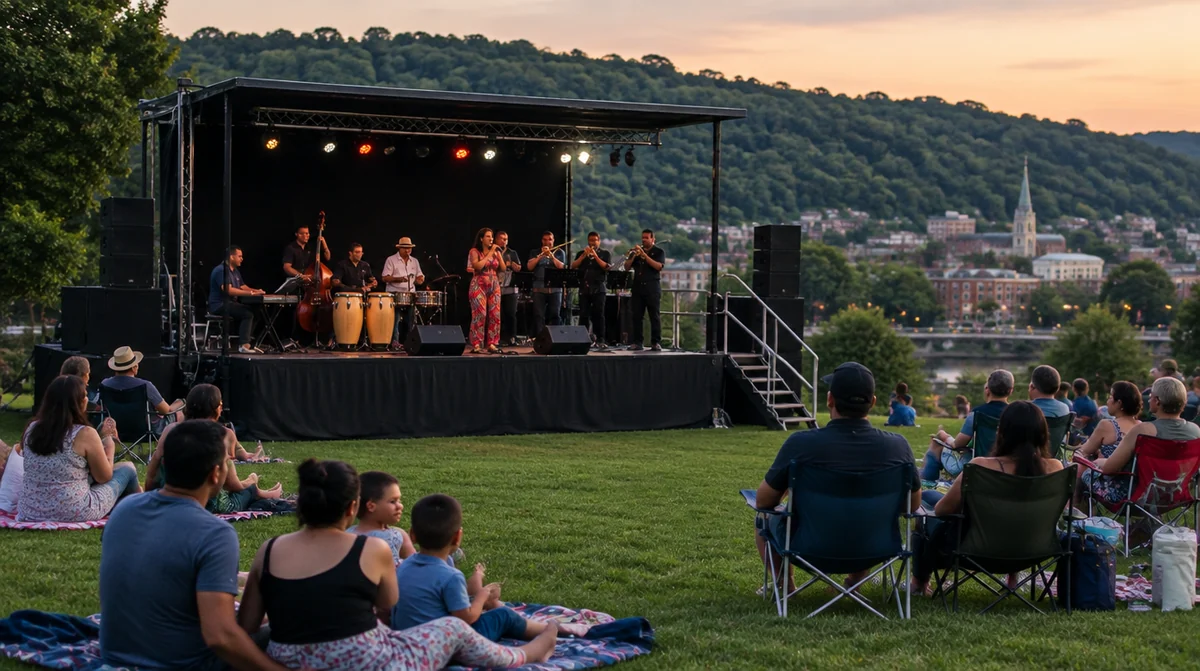 Stage rental Reading PA: a salsa band on a covered stage at a city park concert at sunset