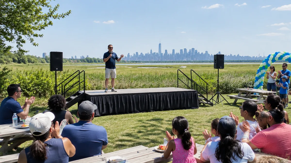 A skirted portable stage with steps, handrails and speakers at a company picnic by the Meadowlands marsh in Secaucus NJ