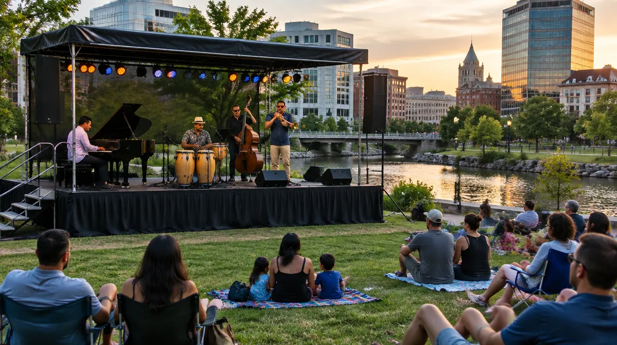 Stage rental Stamford CT: a Latin jazz band on a rental stage with truss lighting at an evening concert in a riverside park downtown