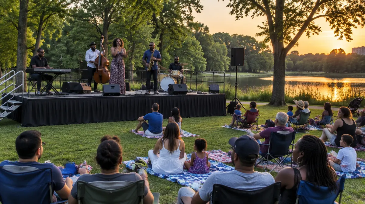 Stage rental Teaneck NJ: a jazz and soul band on a rental stage at a summer concert in a park by a pond
