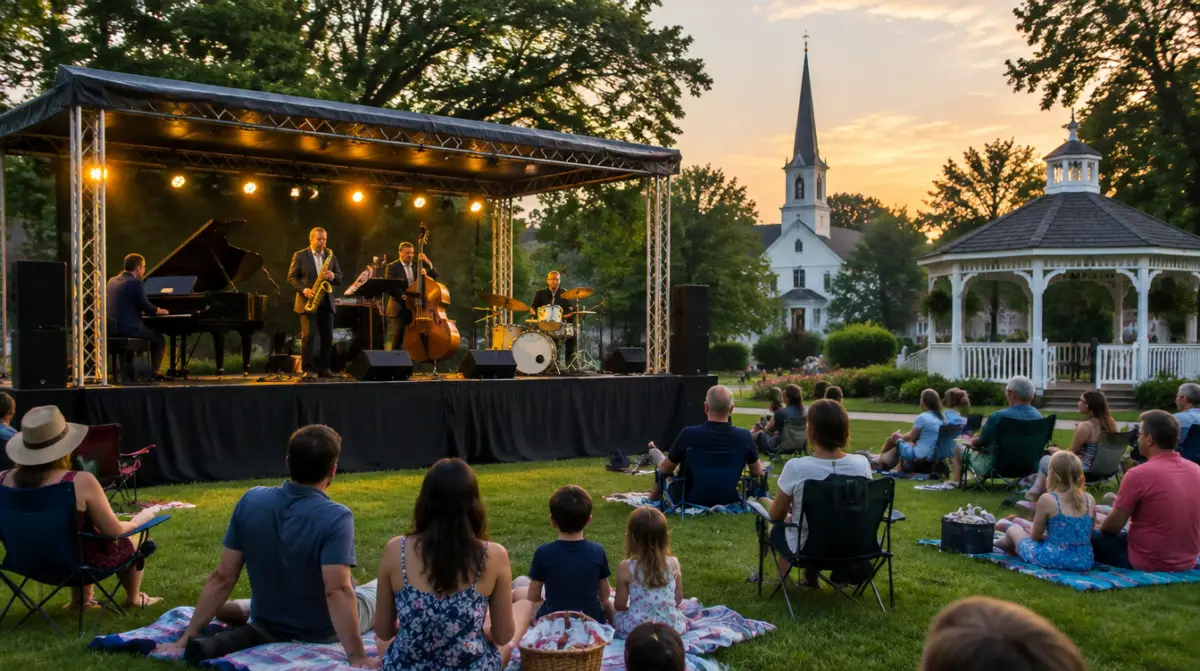 Stage rental Westchester: a jazz band on an aluminum portable stage with a black skirt at a summer concert on a village green