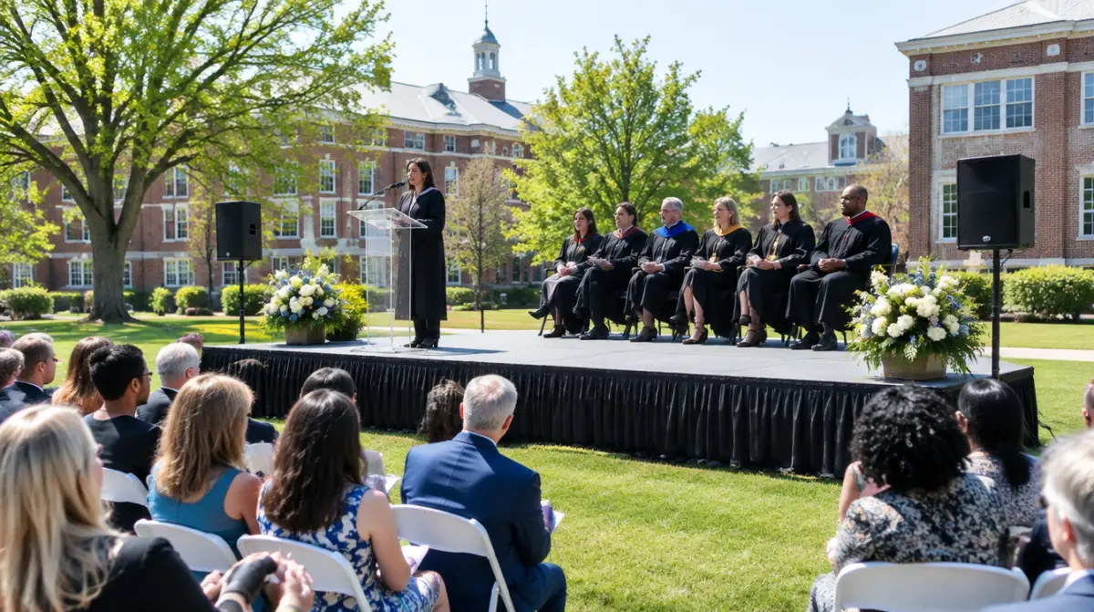 Stage rental White Plains: honorees on an aluminum portable stage with a black skirt at an outdoor awards ceremony on a campus quad
