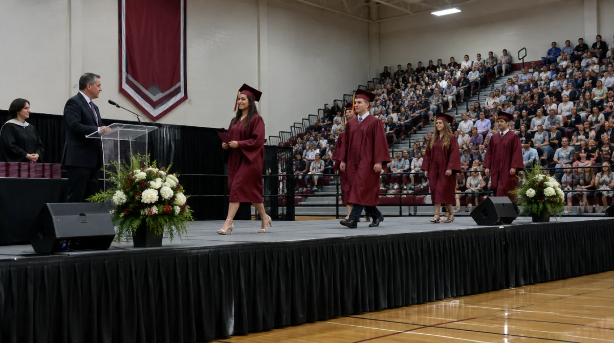 Stage rental Yonkers: graduates crossing an aluminum portable stage with a black skirt at a high school gym graduation