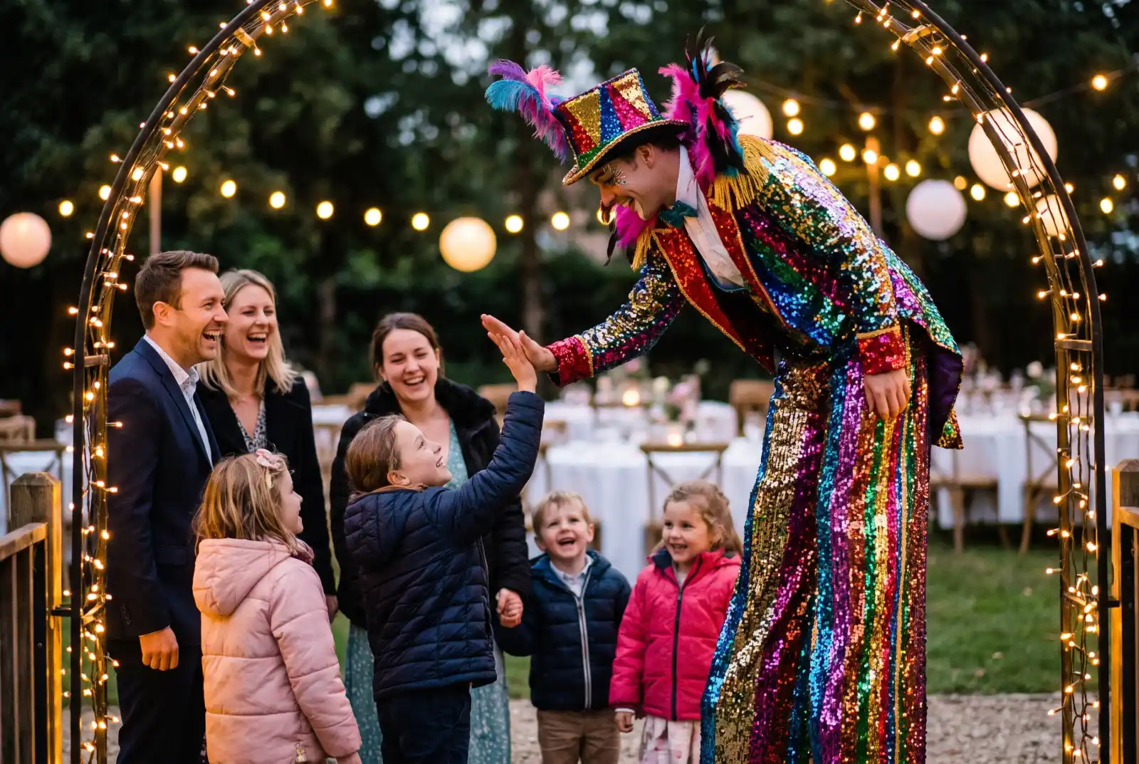 Stilt walker in a sparkling costume giving a high five to a child at the entrance of an outdoor party