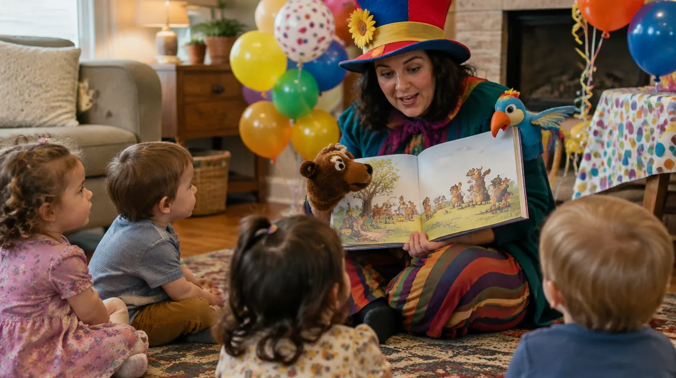 Costumed storyteller reading a picture book to toddlers at a kids birthday party