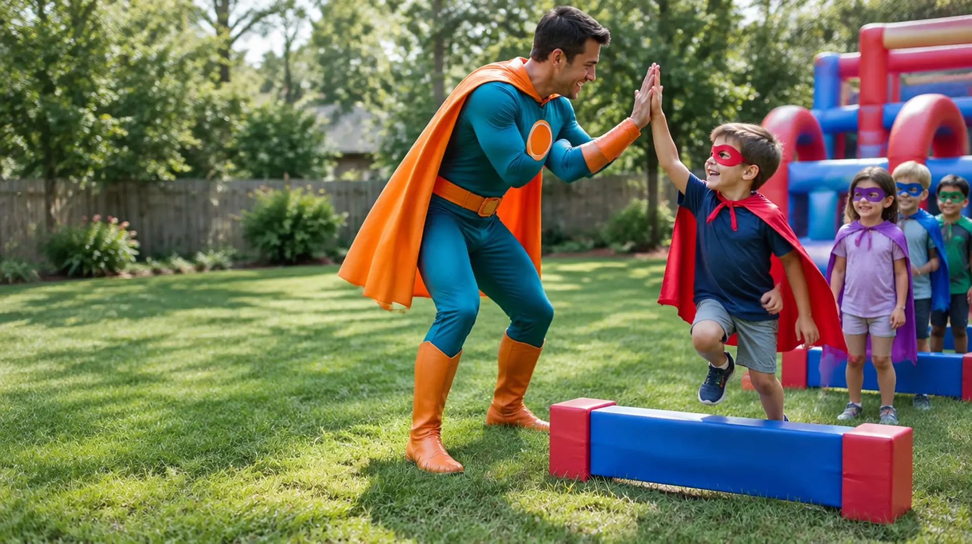 Superhero birthday party: a party hero high-fives a boy in a cape after a training jump in a backyard