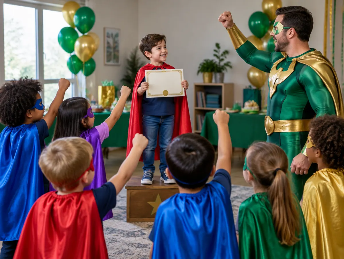 A birthday boy in a red cape holds up his hero certificate while friends in capes raise their fists for the hero oath