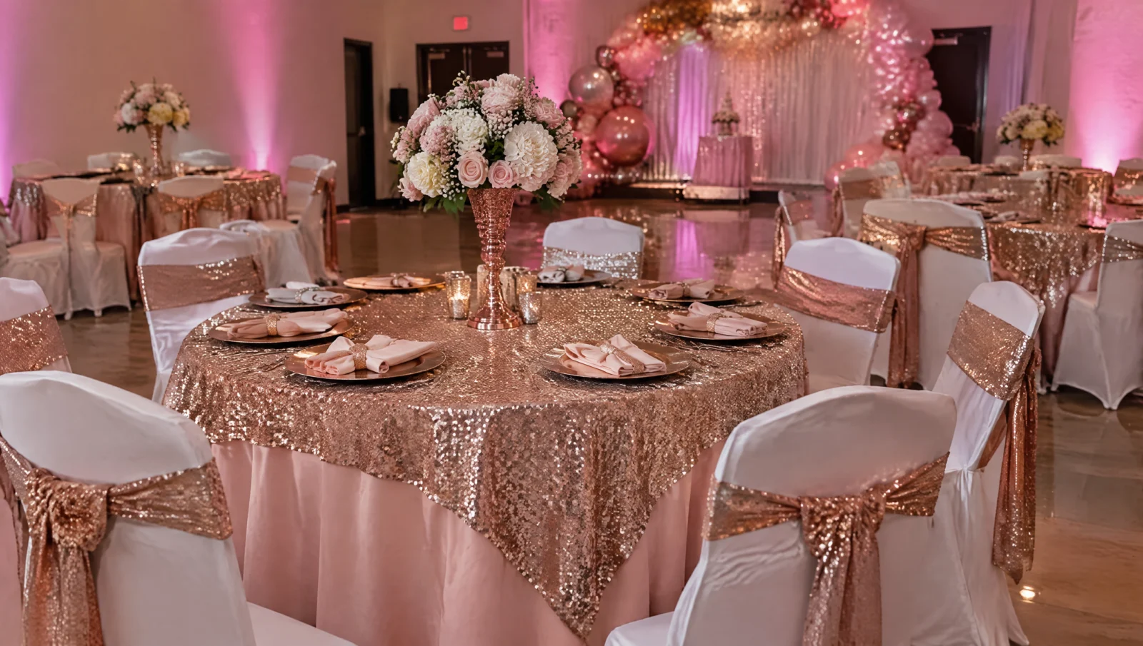 Rose gold sequin overlay on a blush tablecloth with matching chair sashes at a Sweet 16
