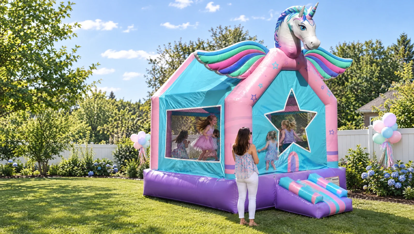 Themed bounce house rental: girls jumping in the unicorn bounce house at a birthday party in a Long Island backyard