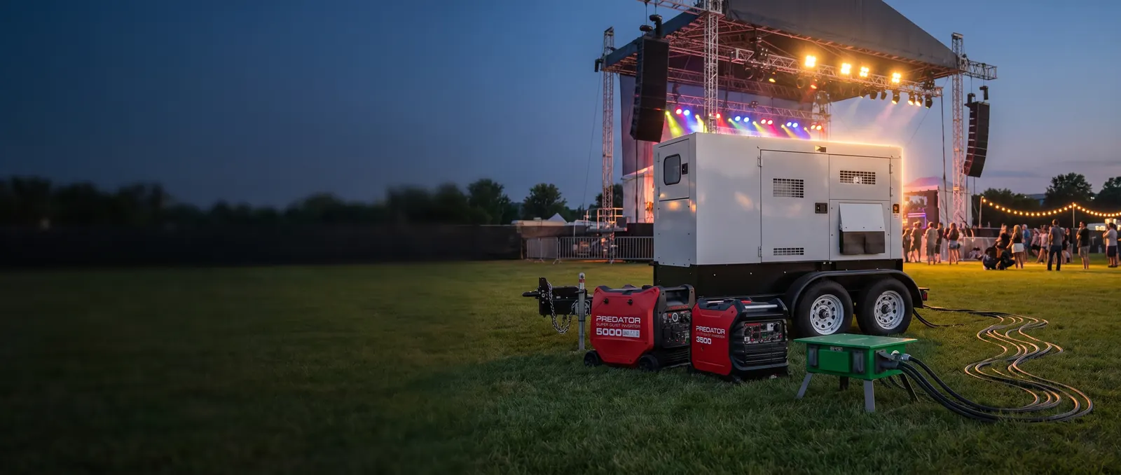 Towable diesel generator, Predator 5000 and 3500 generators and a spider box with power cables beside an outdoor concert stage