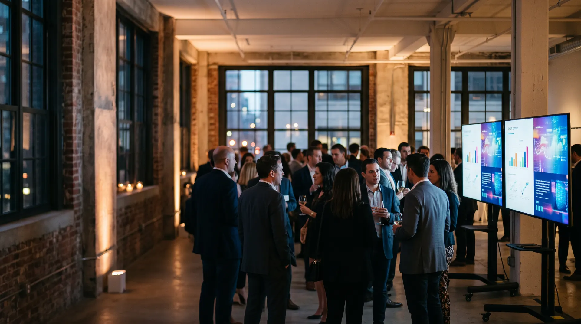 TV rental for events with 75 inch monitors on rolling stands at a NYC loft reception