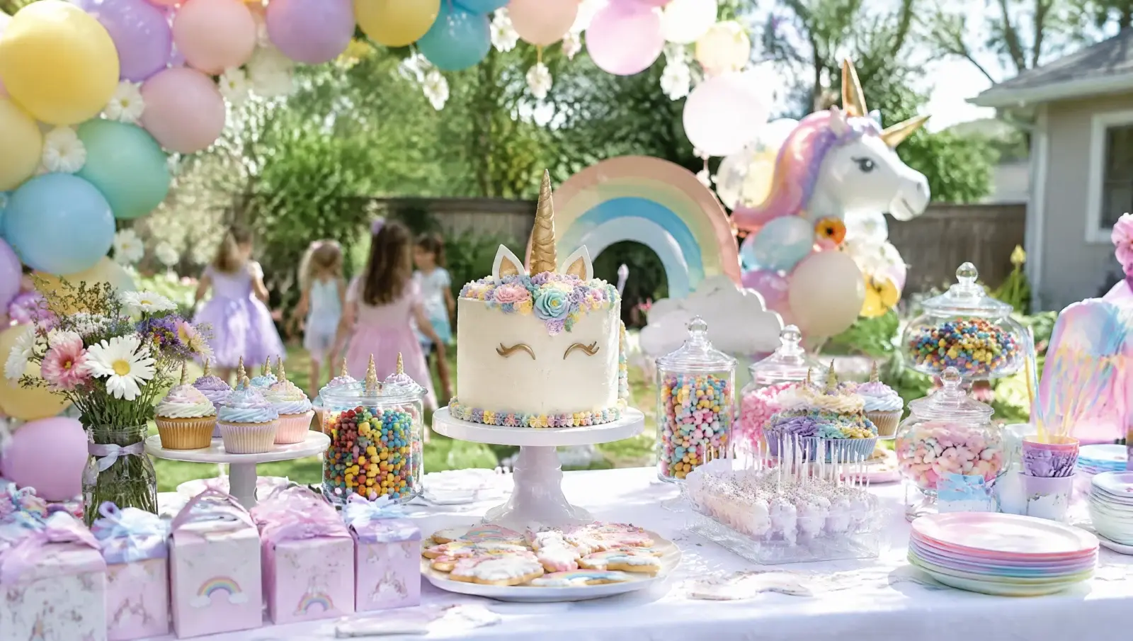 Fun themes for kids party: a rainbow and unicorn themed birthday dessert table