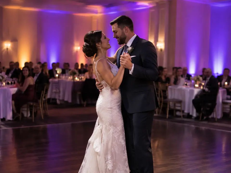 Purple and amber LED uplighting on the walls of a wedding reception hall during the first dance
