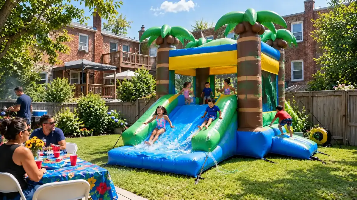 Bounce house rental Bronx families book in summer: a tropical inflatable water slide in a Pelham Bay backyard
