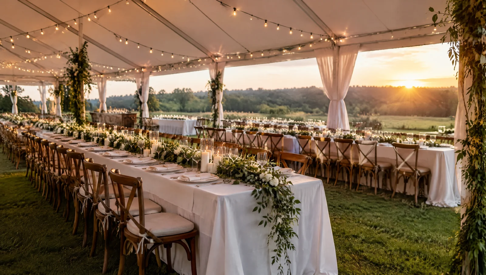 Wedding linen rental: white tablecloths and napkins on long tables inside a sidewall wedding tent