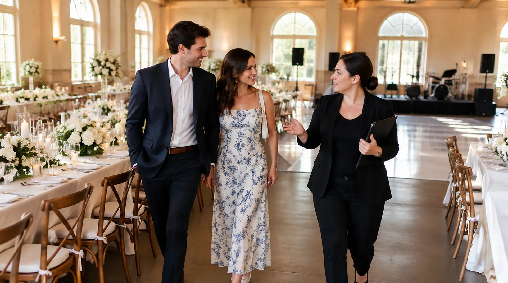 Wedding planning guide couple walking a reception hall with their wedding planner