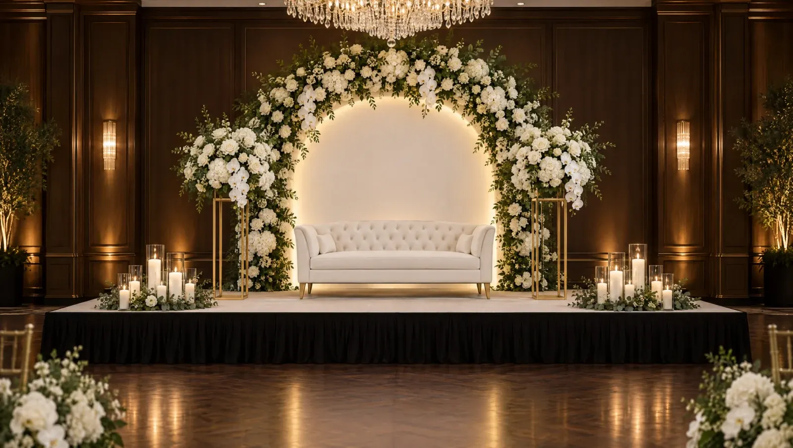 Wedding stage decoration ideas: white floral arch, tufted loveseat, gold stands and candles on a black-skirted stage