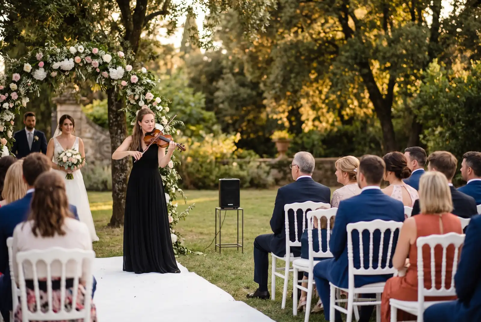 Violinist playing beside the aisle as the bride walks down at an outdoor garden wedding ceremony