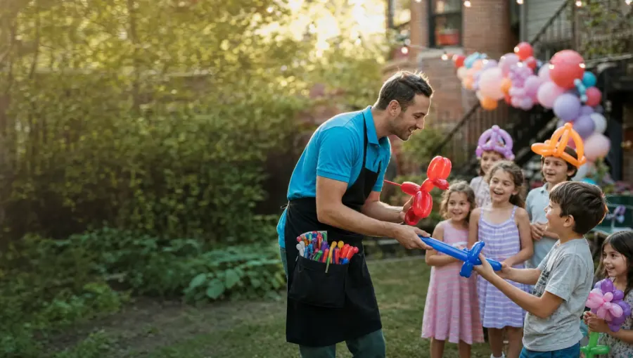 Balloon artist twisting balloon animals and handing a balloon sword to a boy at a backyard birthday party