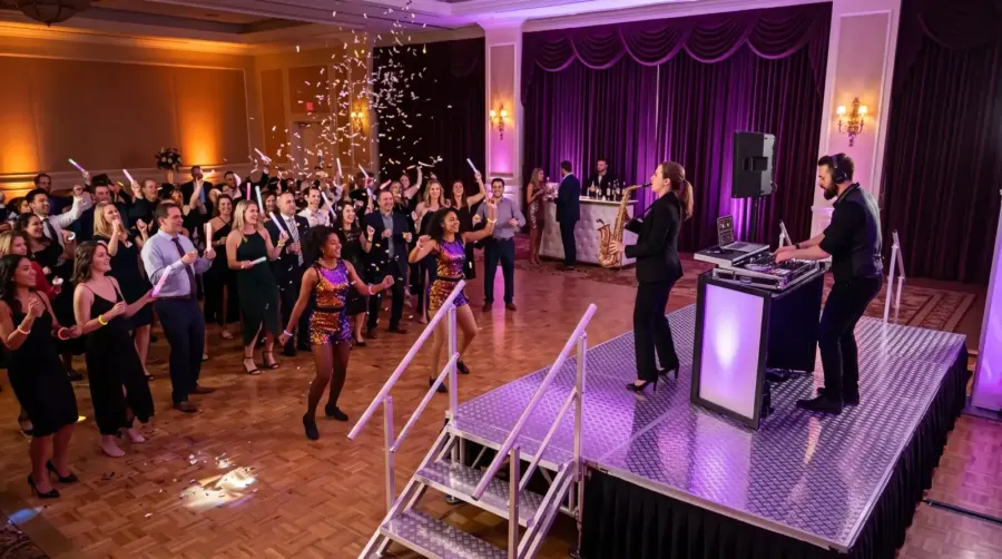 Party entertainment: DJ on an aluminum stage with a sax player and party dancers leading the dance floor